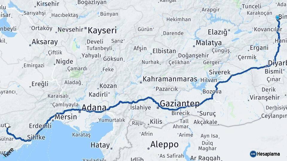 Bingöl Mut Mersin Arası Kaç Km - Yol Haritası
