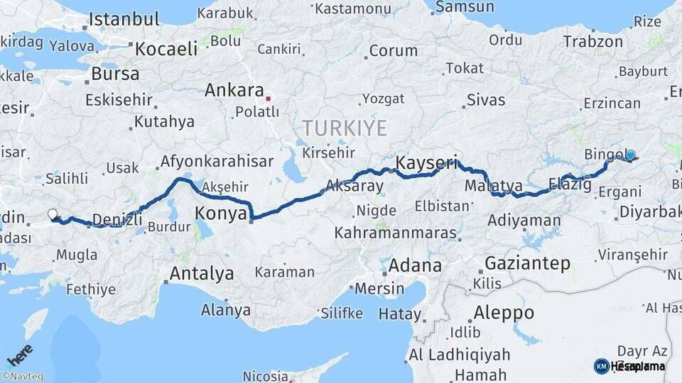 Bingöl Nazilli Aydın Arası Kaç Km - Yol Haritası