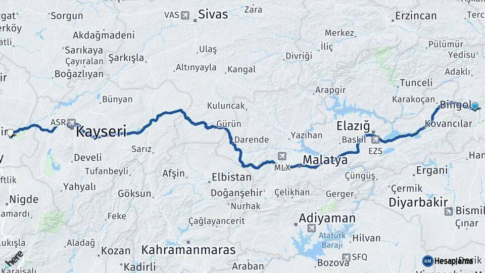 Bingöl Nevşehir Arası Kaç Km - Yol Haritası