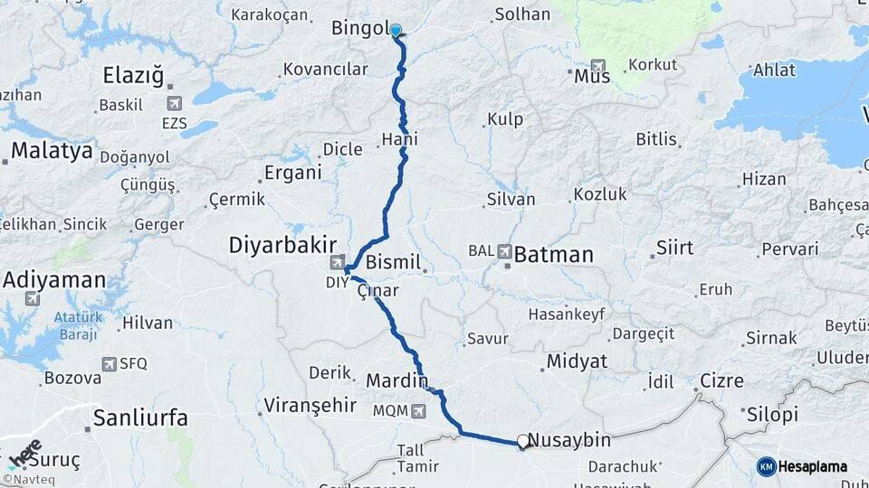 Bingöl Nusaybin Mardin Arası Kaç Km - Yol Haritası