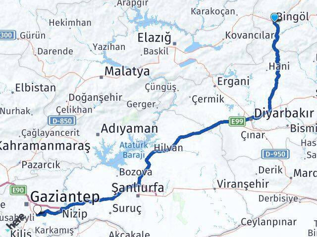 Bingöl Oğuzeli Gaziantep Arası Kaç Km - Yol Haritası