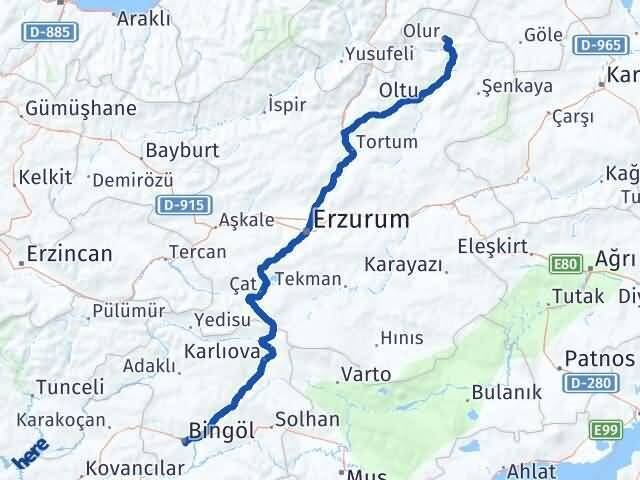 Bingöl Olur Erzurum Arası Kaç Km - Yol Haritası