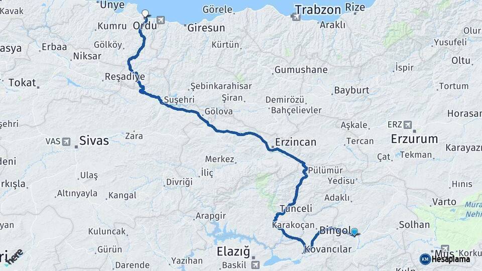 Bingöl Ordu Arası Kaç Km - Yol Haritası