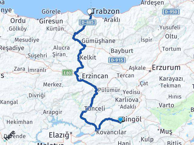 Bingöl Ortahisar Trabzon Arası Kaç Km - Yol Haritası