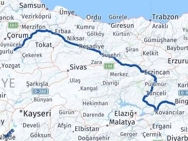 Bingöl Ortaköy Çorum Arası Kaç Km - Yol Haritası