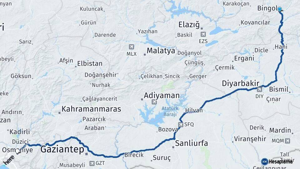 Bingöl Osmaniye Arası Kaç Km - Yol Haritası