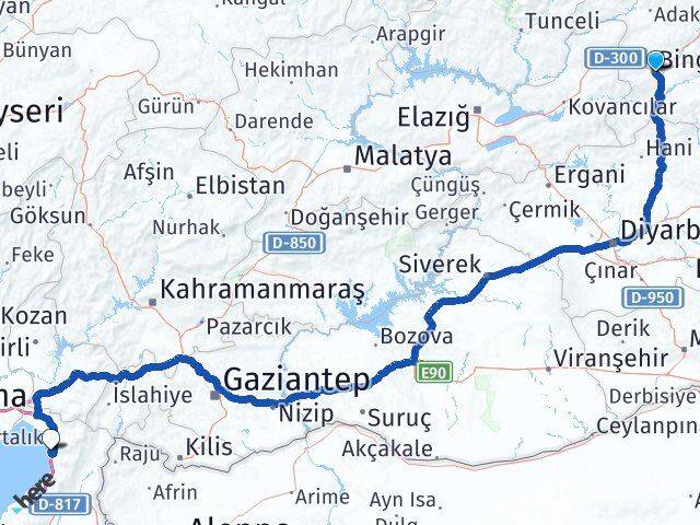 Bingöl Payas Hatay Arası Kaç Km - Yol Haritası