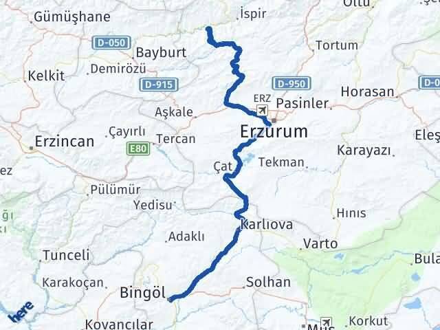 Bingöl Pazaryolu Erzurum Arası Kaç Km - Yol Haritası