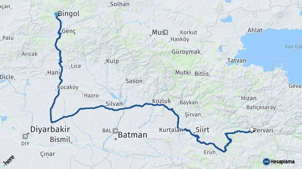Bingöl Pervari Siirt Arası Kaç Km - Yol Haritası