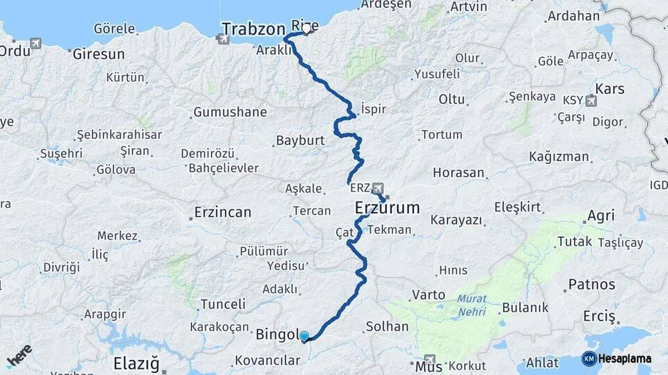 Bingöl Rize Arası Kaç Km - Yol Haritası