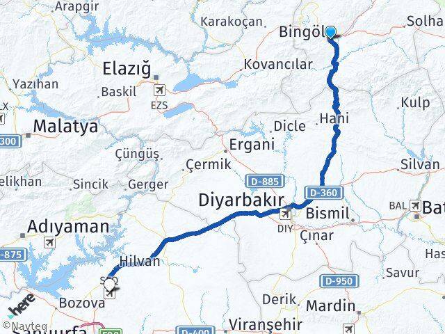Bingöl Ş.Urfa GAP Havalimanı Arası Kaç Km - Yol Haritası