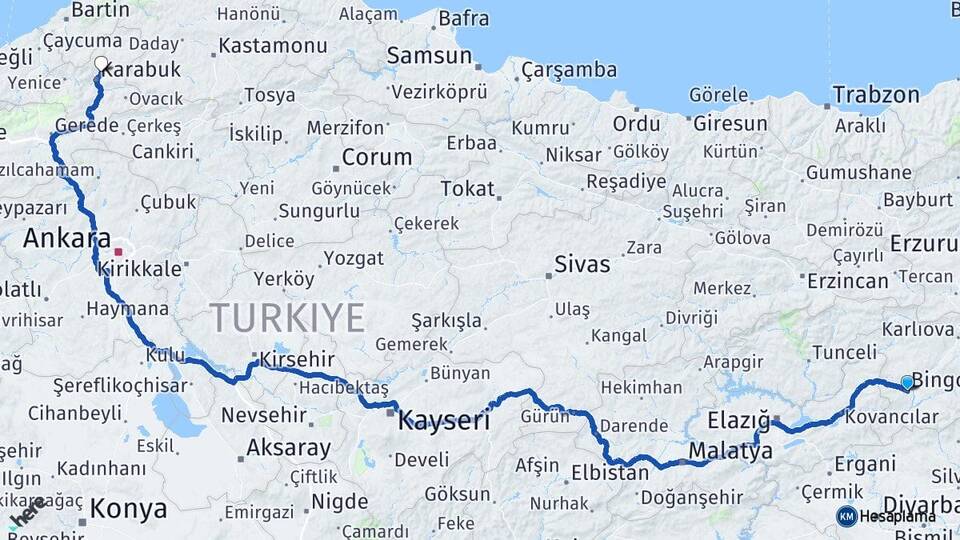 Bingöl Safranbolu Karabük Arası Kaç Km - Yol Haritası