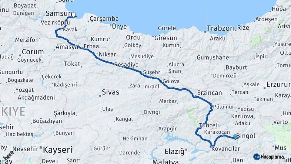Bingöl Samsun Arası Kaç Km - Yol Haritası