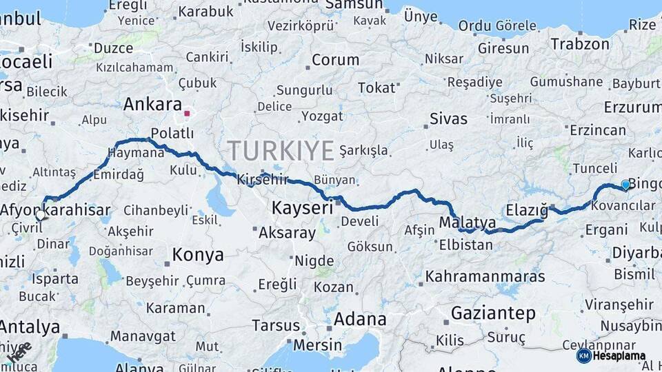 Bingöl Sandıklı Afyonkarahisar Arası Kaç Km - Yol Haritası