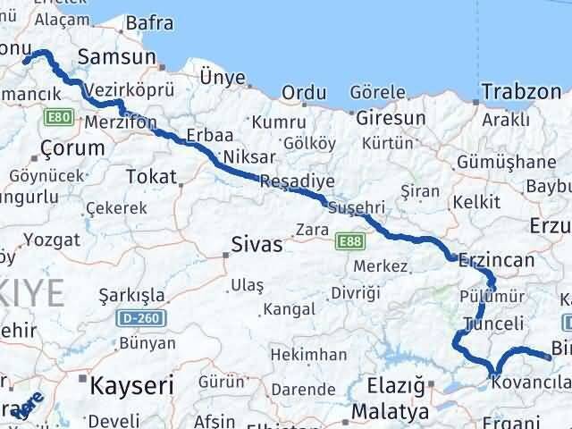 Bingöl Saraydüzü Sinop Arası Kaç Km - Yol Haritası