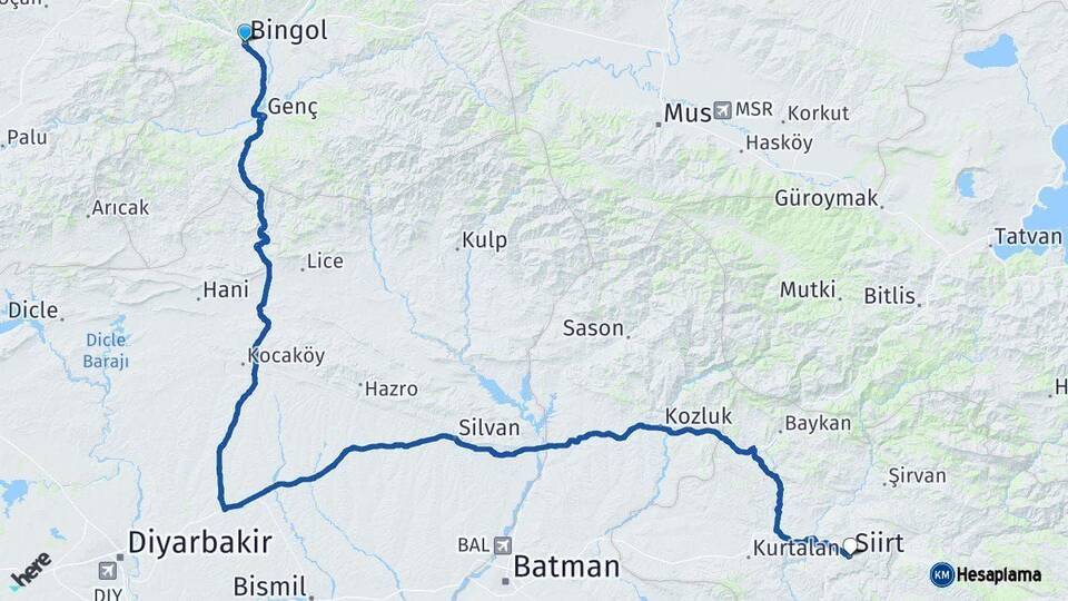 Bingöl Siirt Arası Kaç Km - Yol Haritası