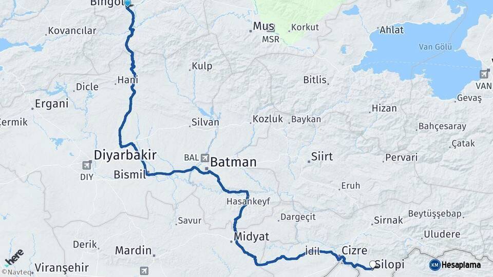 Bingöl Silopi Şırnak Arası Kaç Km - Yol Haritası