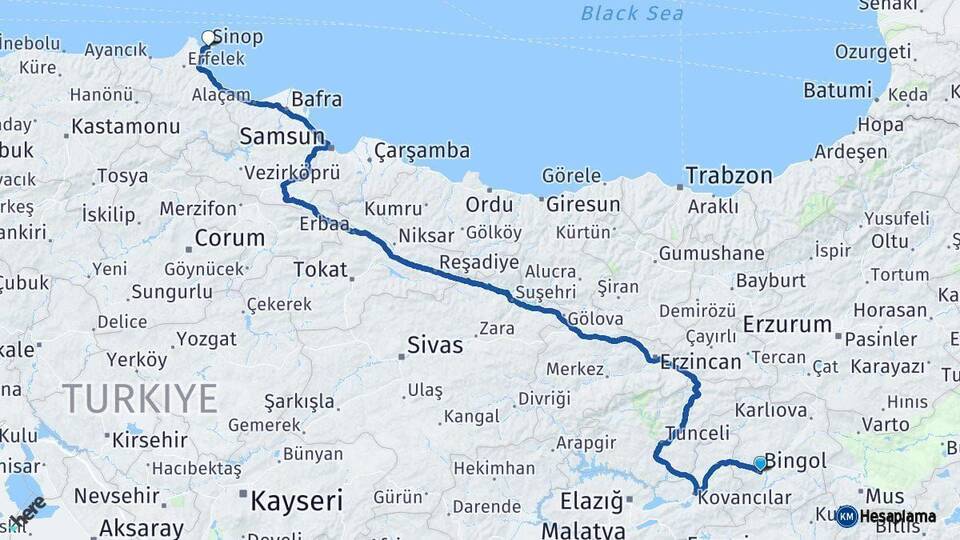 Bingöl Sinop Arası Kaç Km - Yol Haritası