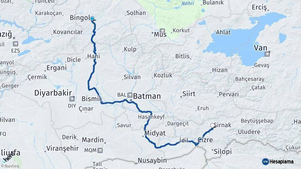 Bingöl Şırnak Arası Kaç Km - Yol Haritası