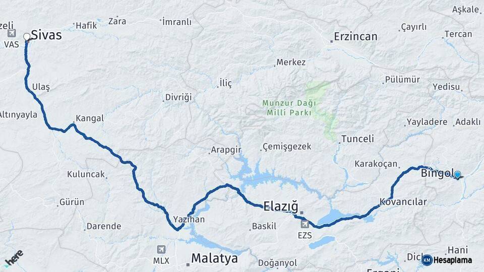Bingöl Sivas Arası Kaç Km - Yol Haritası