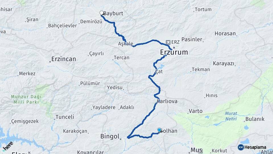 Bingöl Solhan Bayburt Arası Kaç Km - Yol Haritası