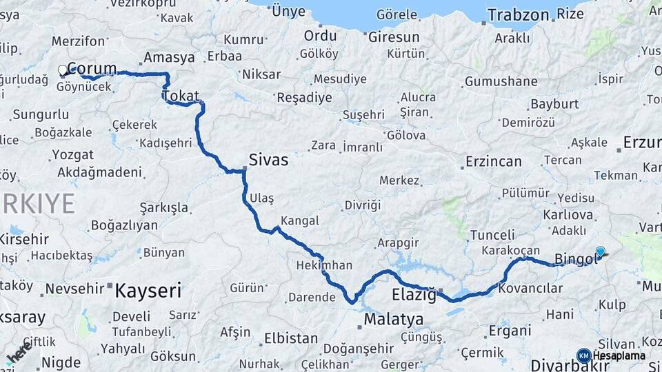 Bingöl Solhan Çorum Arası Kaç Km - Yol Haritası