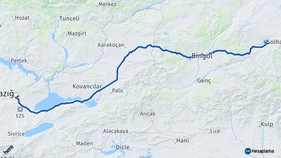 Bingöl Solhan Elazığ Arası Kaç Km - Yol Haritası