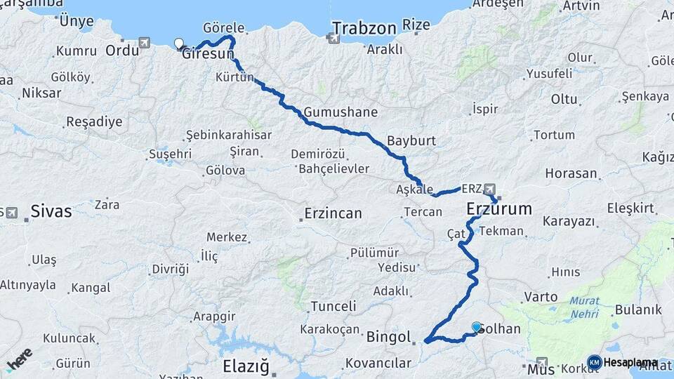 Bingöl Solhan Giresun Arası Kaç Km - Yol Haritası