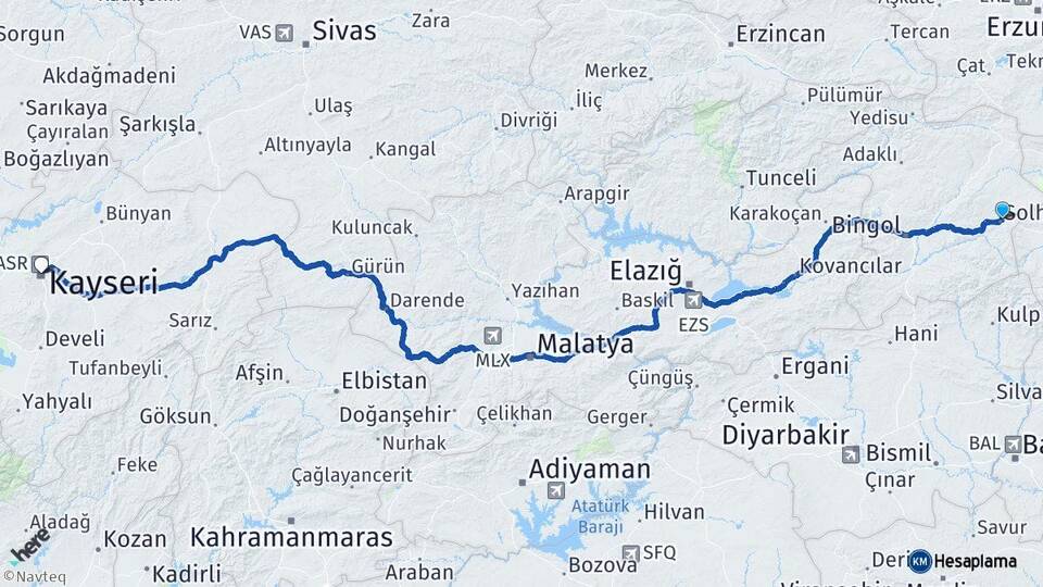 Bingöl Solhan Kayseri Arası Kaç Km - Yol Haritası