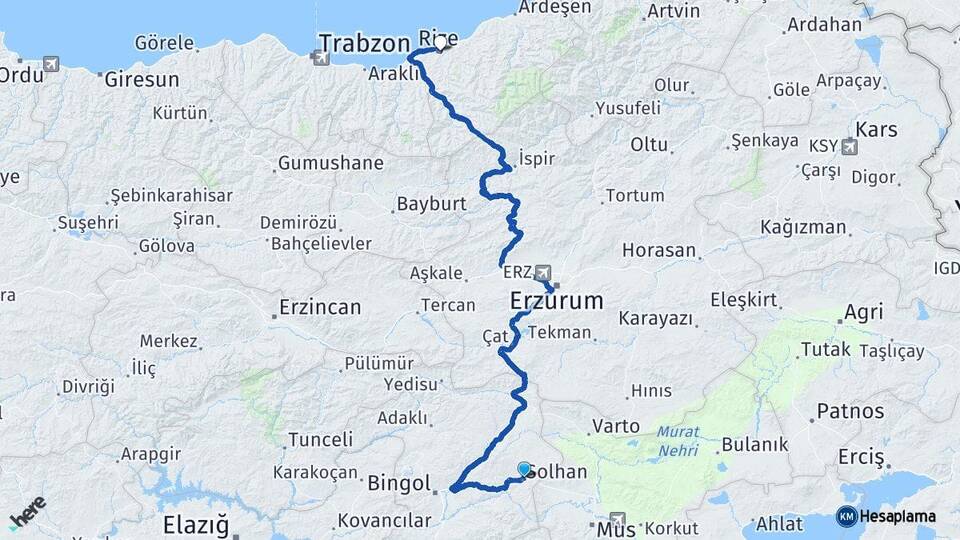 Bingöl Solhan Rize Arası Kaç Km - Yol Haritası