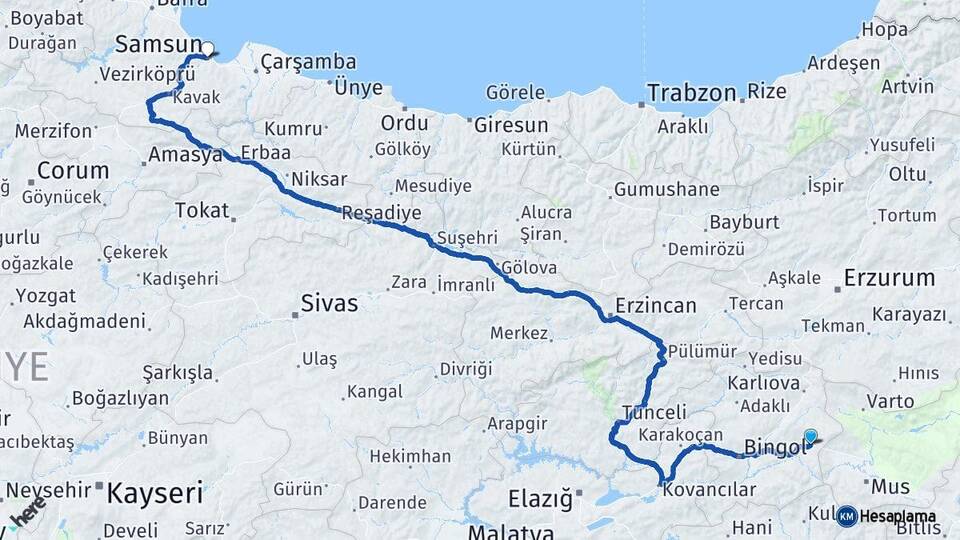 Bingöl Solhan Samsun Arası Kaç Km - Yol Haritası