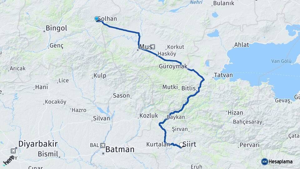 Bingöl Solhan Siirt Arası Kaç Km - Yol Haritası