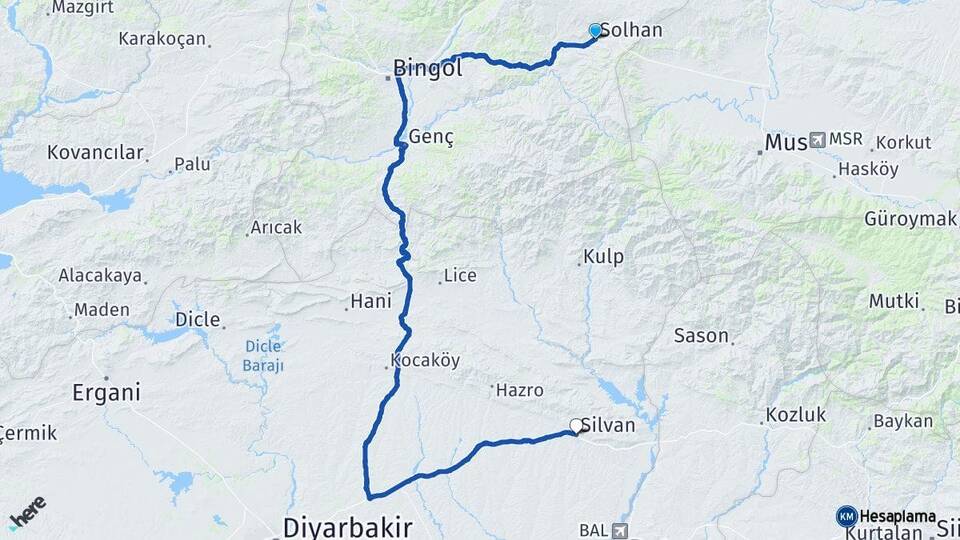 Bingöl Solhan Silvan Diyarbakır Arası Kaç Km - Yol Haritası