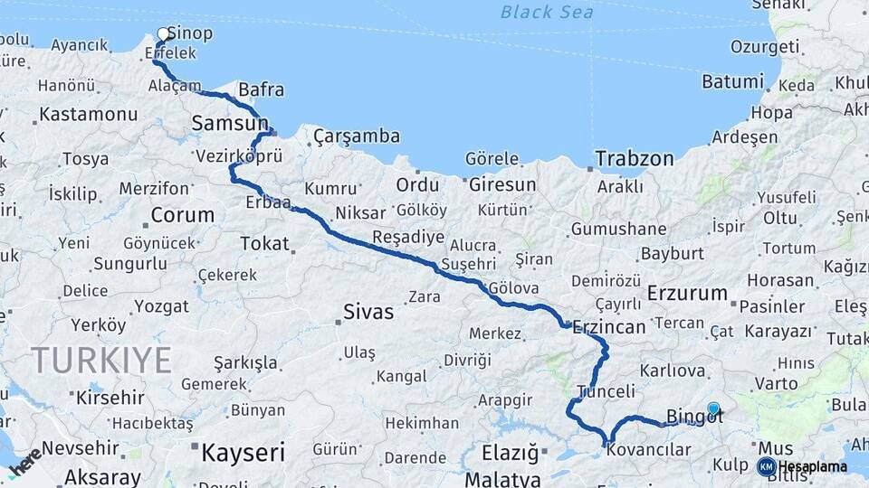 Bingöl Solhan Sinop Arası Kaç Km - Yol Haritası