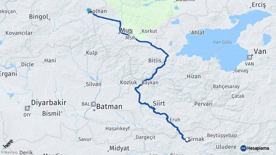 Bingöl Solhan Şırnak Arası Kaç Km - Yol Haritası