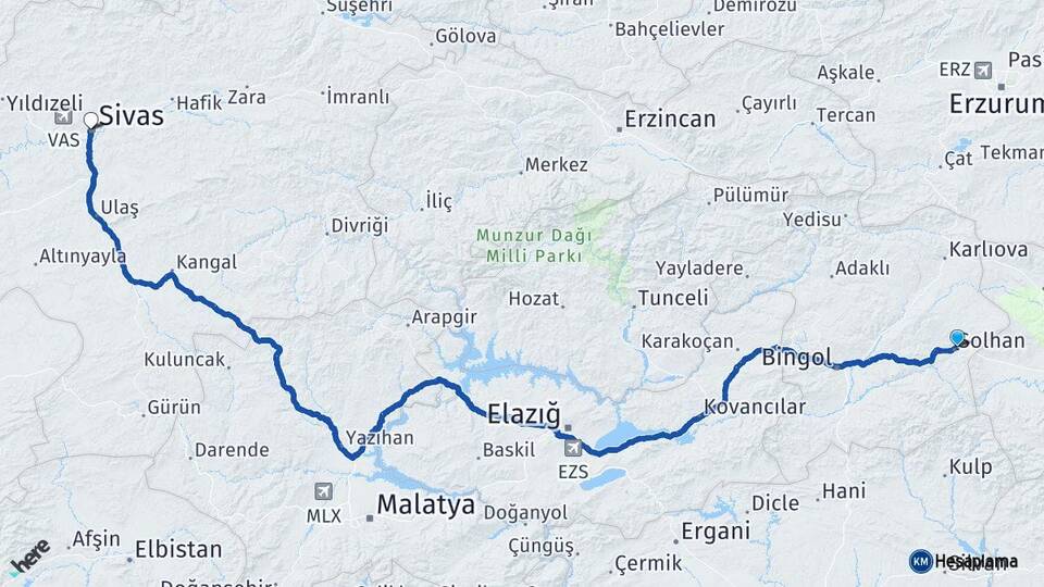 Bingöl Solhan Sivas Arası Kaç Km - Yol Haritası