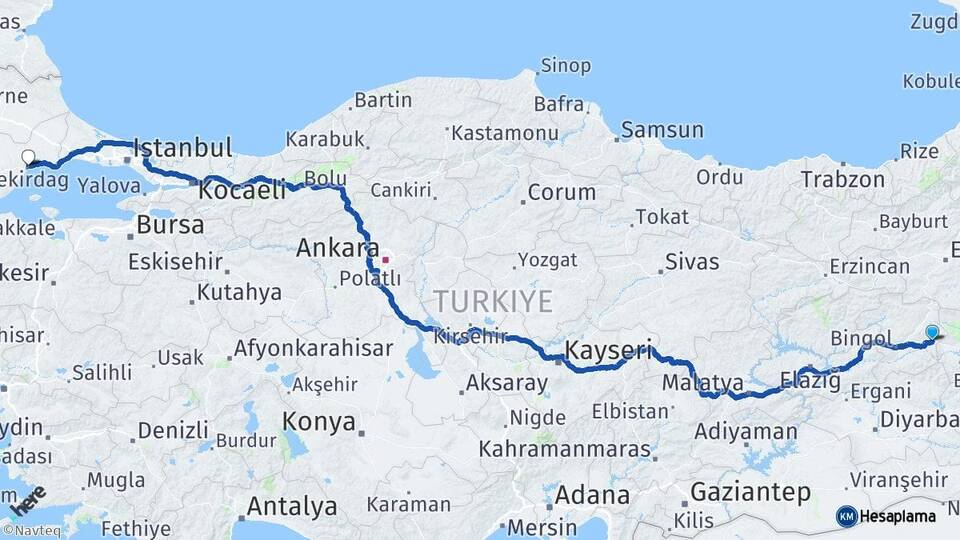 Bingöl Solhan Tekirdağ Arası Kaç Km - Yol Haritası