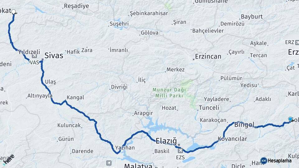 Bingöl Solhan Tokat Arası Kaç Km - Yol Haritası