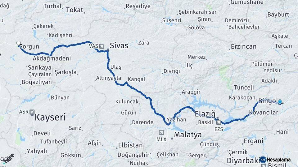 Bingöl Sorgun Yozgat Arası Kaç Km - Yol Haritası