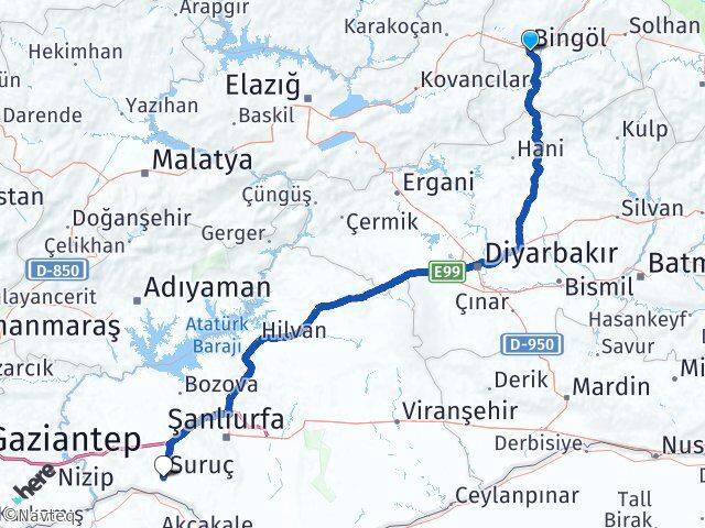 Bingöl Suruç Şanlıurfa Arası Kaç Km - Yol Haritası