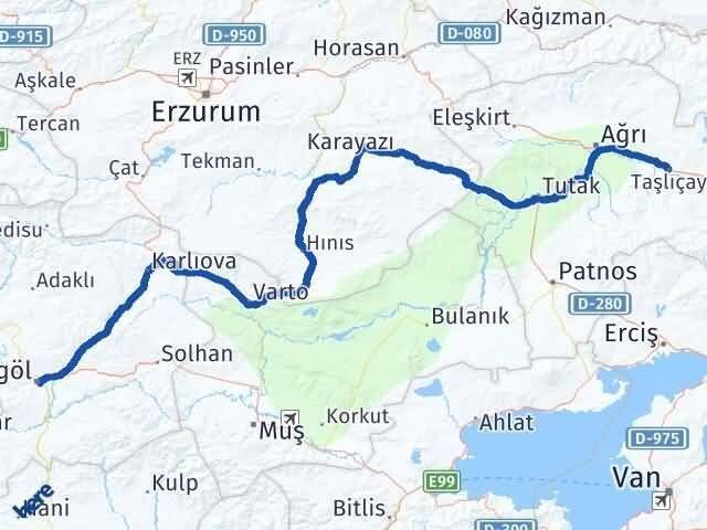 Bingöl Taşlıçay Ağrı Arası Kaç Km - Yol Haritası