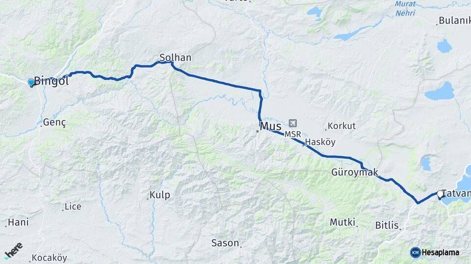 Bingöl Tatvan Bitlis Arası Kaç Km - Yol Haritası