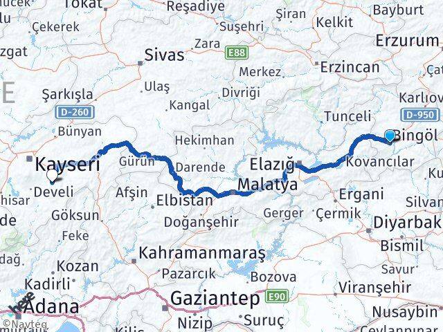 Bingöl Tomarza Kayseri Arası Kaç Km - Yol Haritası