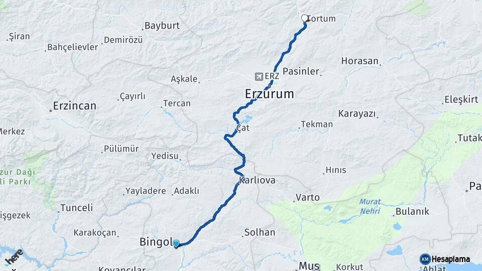 Bingöl Tortum Erzurum Arası Kaç Km - Yol Haritası