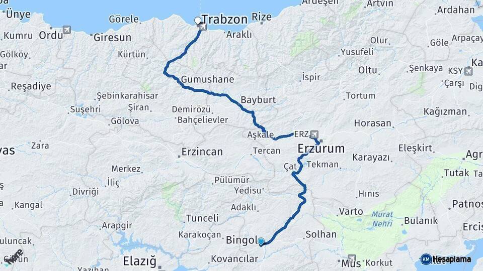 Bingöl Trabzon Arası Kaç Km - Yol Haritası