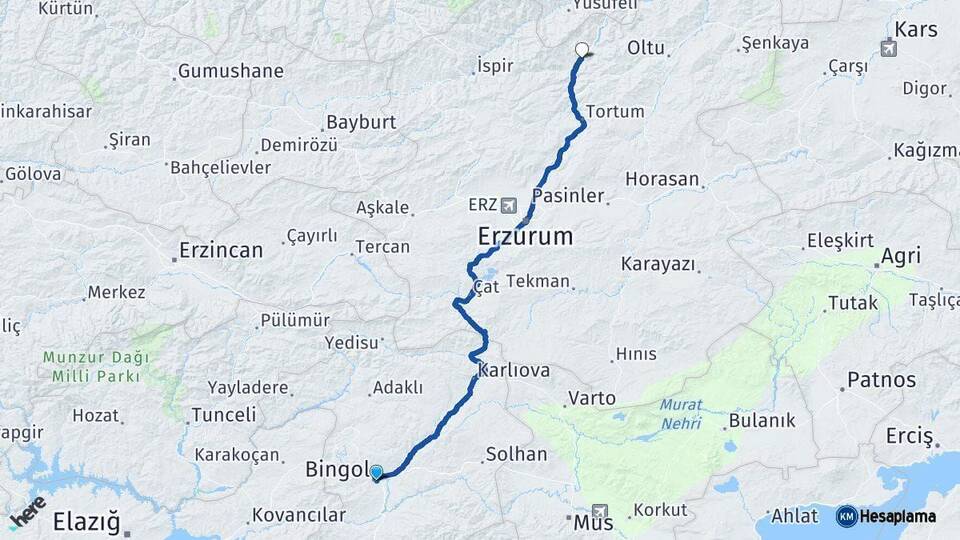 Bingöl Uzundere Erzurum Arası Kaç Km - Yol Haritası