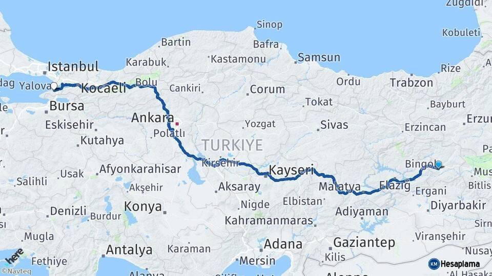 Bingöl Yalova Arası Kaç Km - Yol Haritası