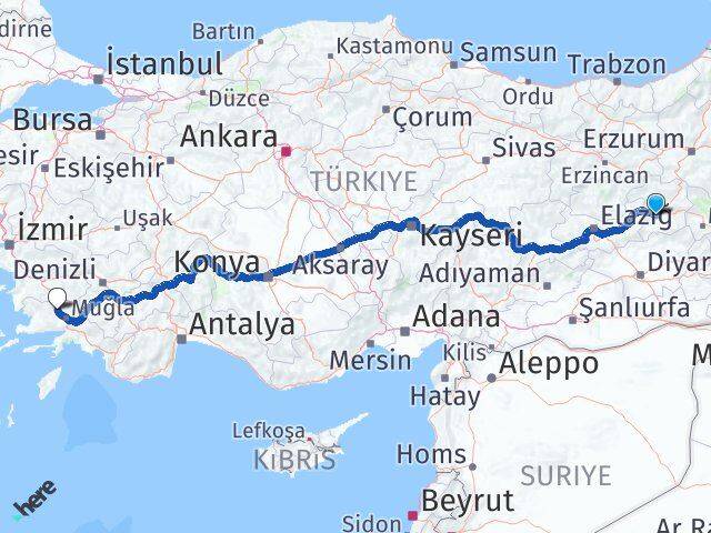 Bingöl Yatağan Muğla Arası Kaç Km - Yol Haritası