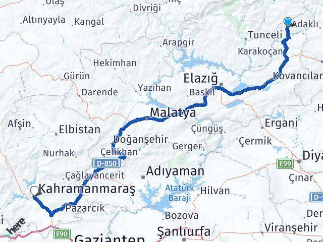 Bingöl Yayladere Kahramanmaraş Arası Kaç Km - Yol Haritası