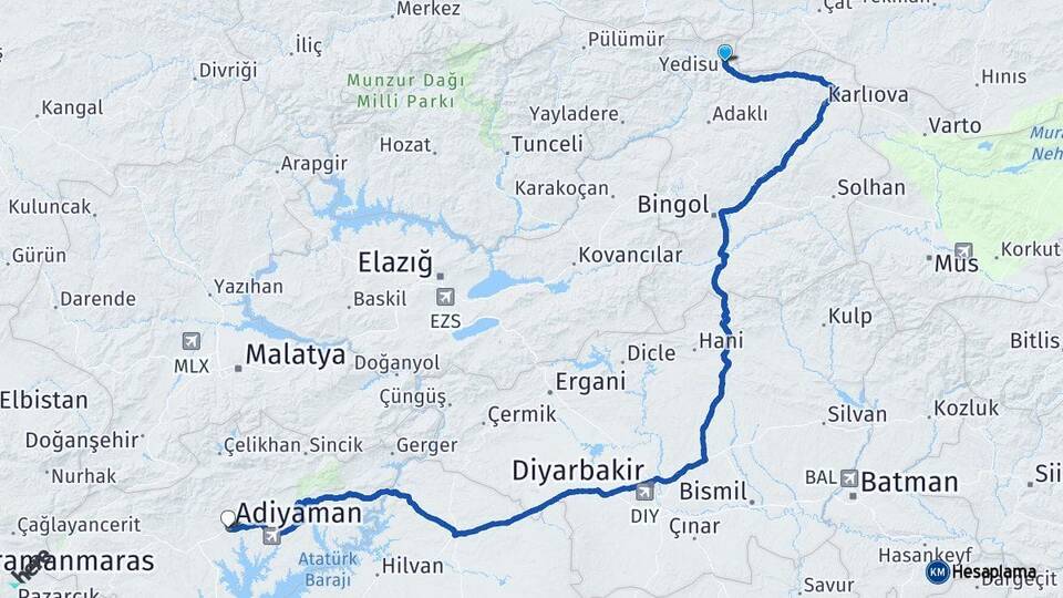 Bingöl Yedisu Adıyaman Arası Kaç Km - Yol Haritası